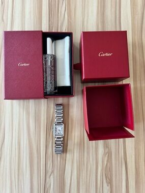 Cartier Stainless Steel Tank Watch with Red Cartier Boxes